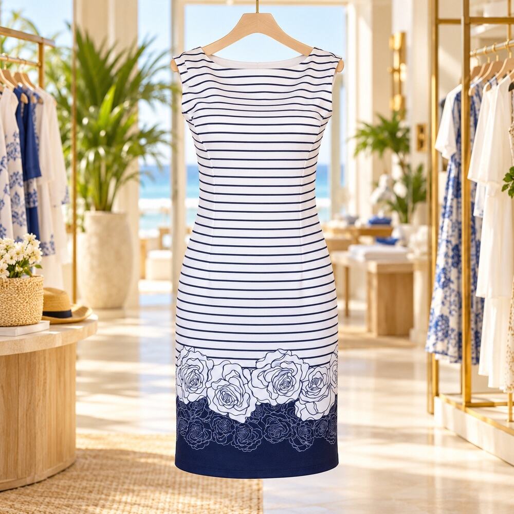 Isle Women’s M Blue White Striped Floral Sleeveless Sheath Dress NWT Resort